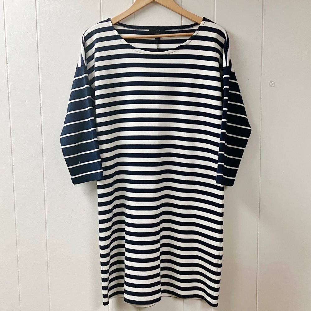 J CREW Striped Dress Knit SMALL Navy White 100% Cotton Coastal Nautical Preppy